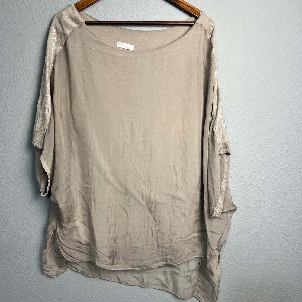 Dolce Ragazza Silk Sequin Sleeve Tunic Top Flowy Feminine Semi Sheer Blouse L